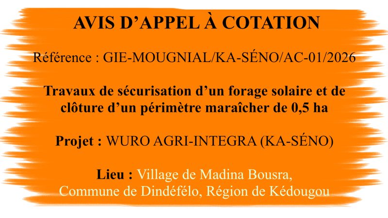 Avis d&rsquo;appel à cotation pour des travaux de sécurisation d&rsquo;un forage …